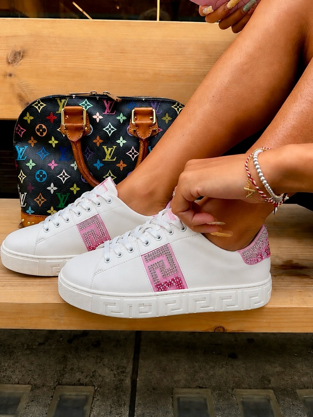 NWT VERSACE Pink Ombré Greca Crystal Tessuto Free Bio Embellished Sneakers